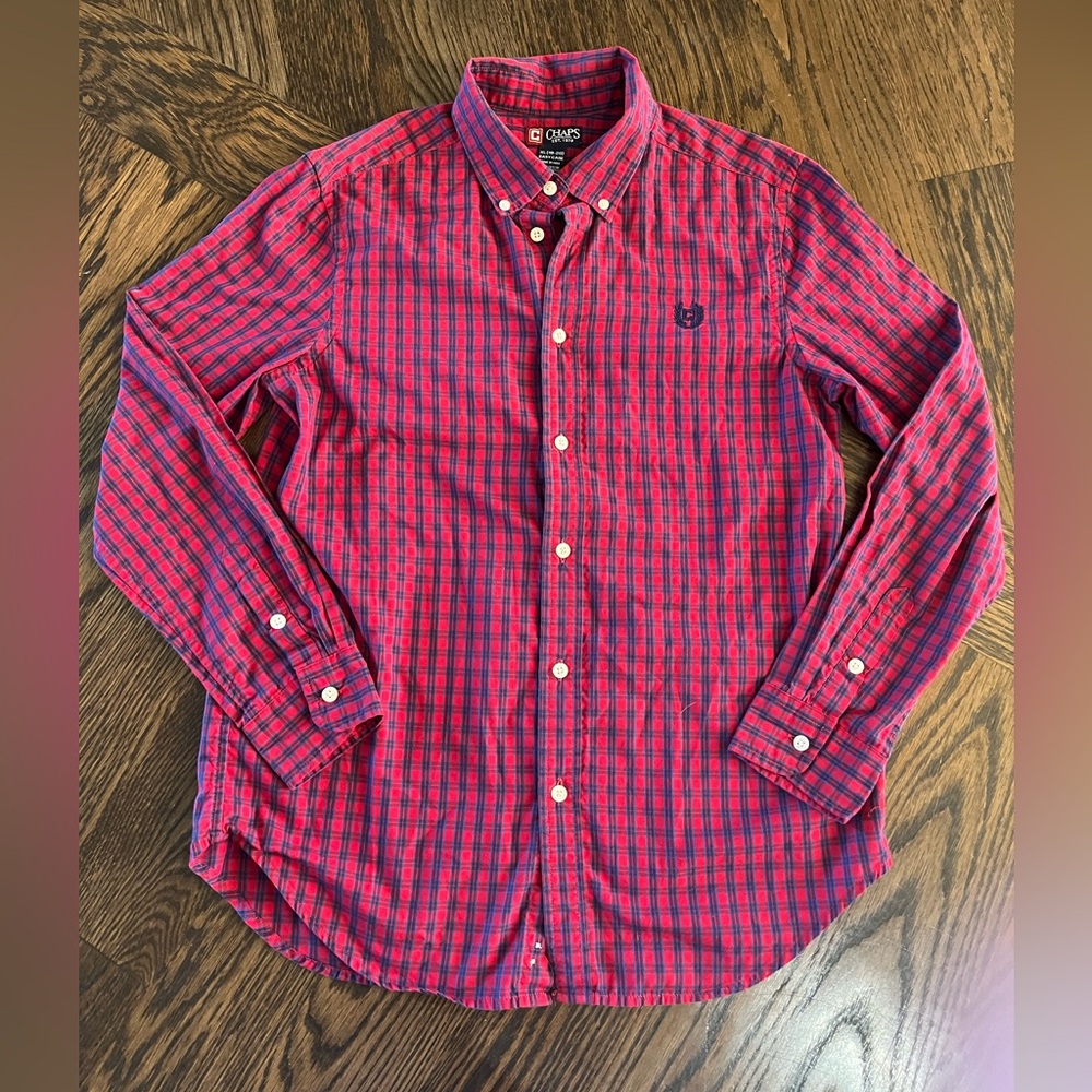 Chaps Red and Blue Plaid Button Down Shirt boys 18-20 XL easy care Christmas